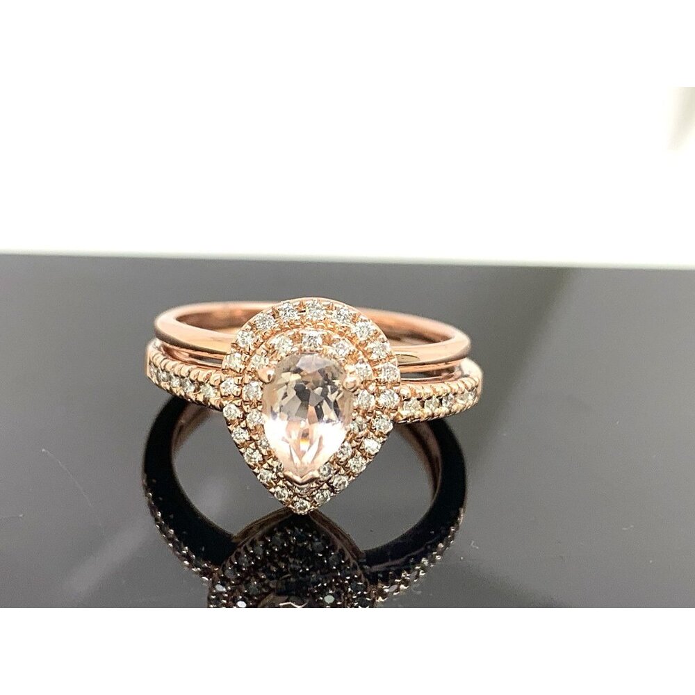 Wedding Set Pear Morganite Diamond 14k Rose Gold Engagement Ring Band Size 7